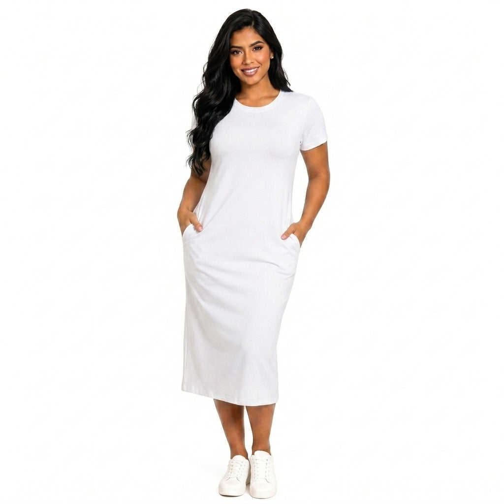 Vestido Midi Branco Liso Com Bolso Sem Fenda Confortável Malha Premium