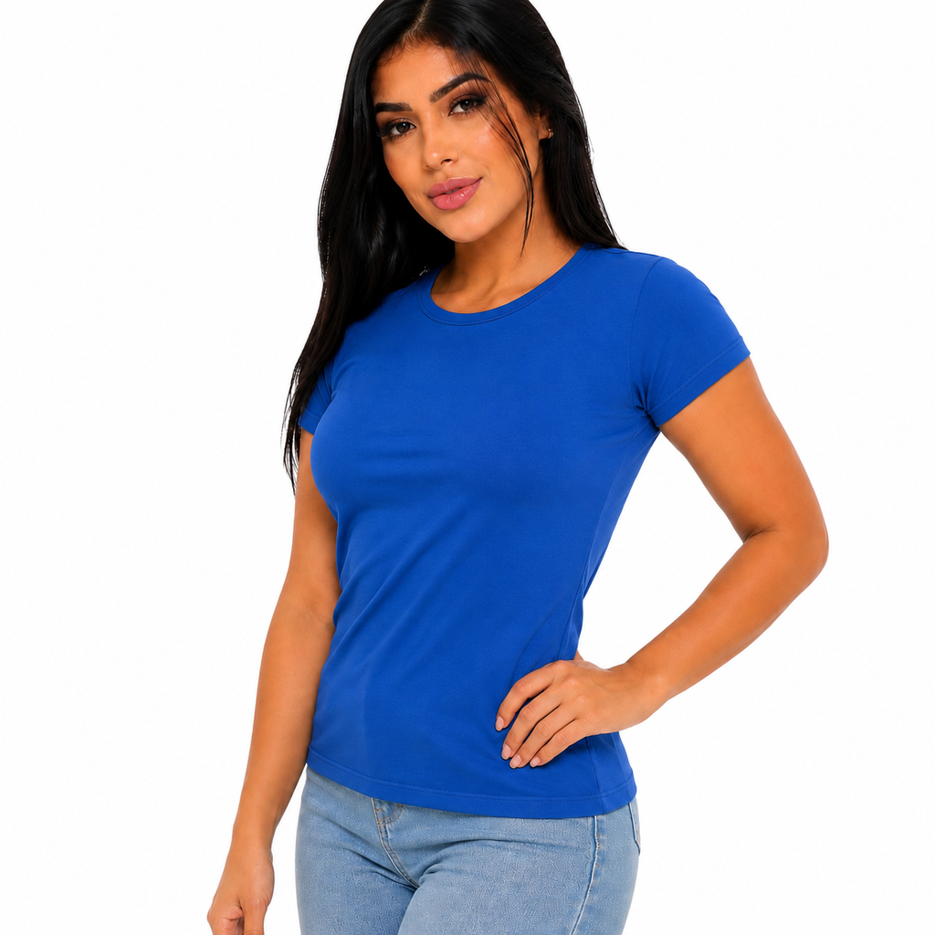 Blusa Feminina Básica Premium Lisa Azul Royal Manga Curta Malha Leve Confortável